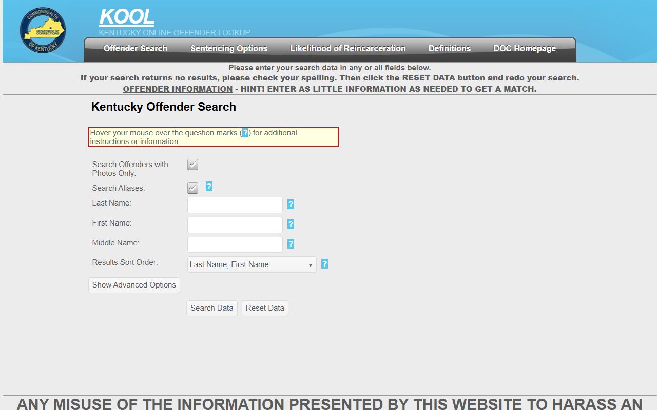 Kentucky Offender Online Lookup system