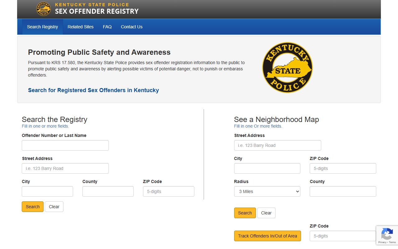 Kentucky State Police Sex Offender Registry search page