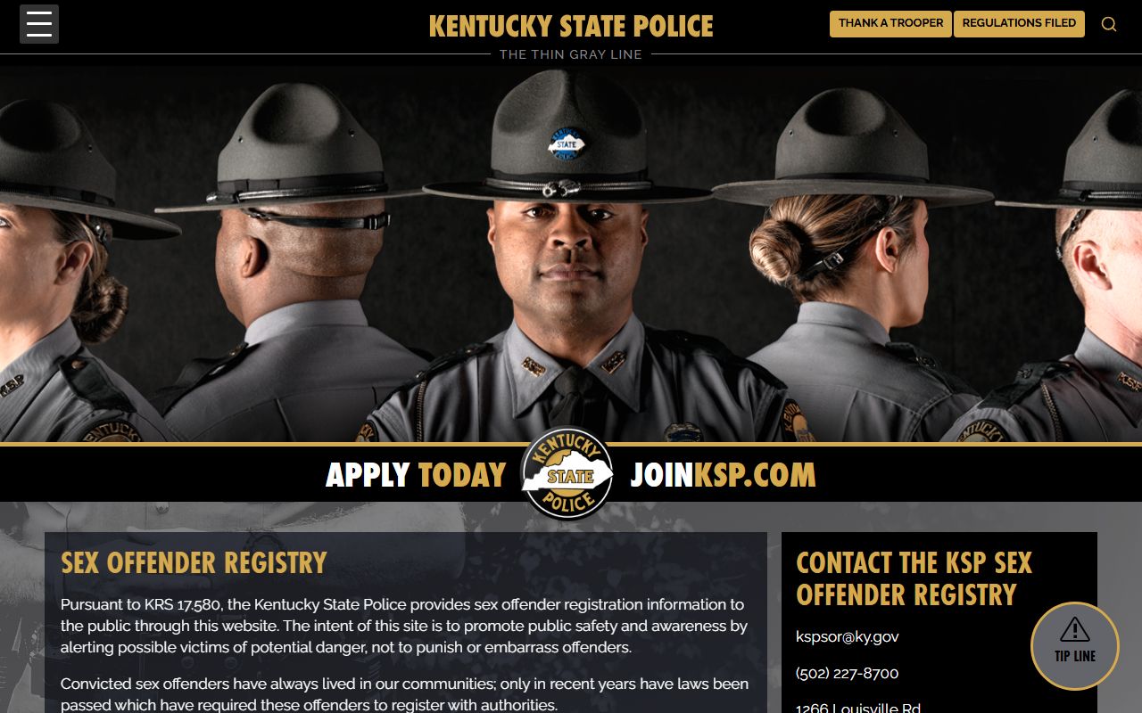 Kentucky State Police Sex Offender Registry main page